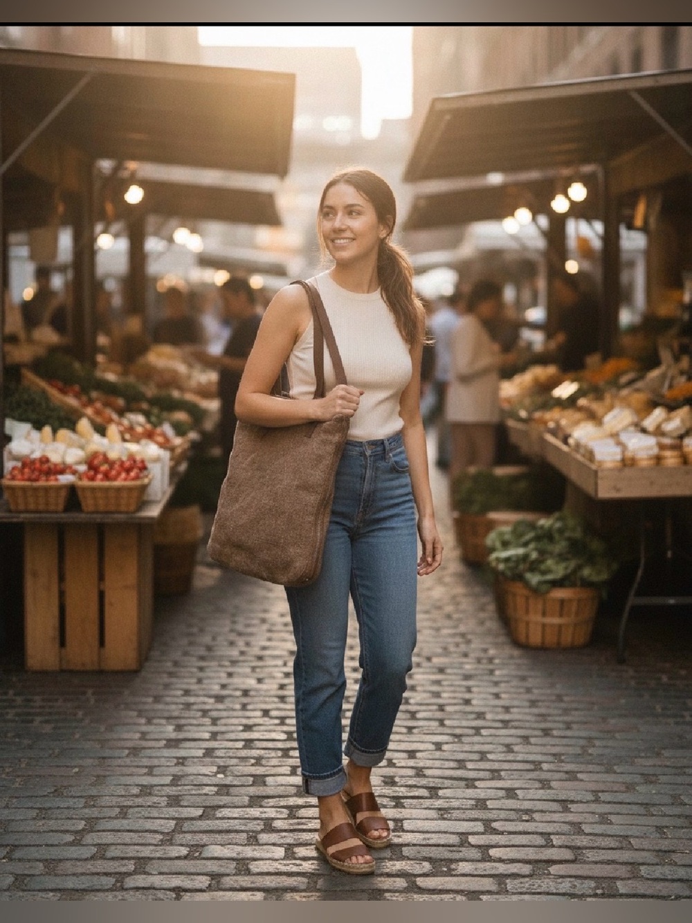Everyday Burlap Tote Bag in Brown With Leather Straps